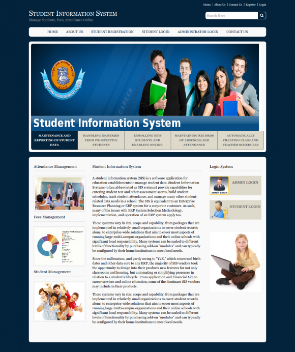 student information system synopsis Student portal system is a portal website for colleges or institutes to offer facility to their students & faculties for creating & maintaining their own web pages (profiles) which anyone can view online by visiting the website. student information system synopsis Student portal system is a portal website for colleges or institutes to offer facility to their students & faculties for creating & maintaining their own web pages (profiles) which anyone can view online by visiting the website.